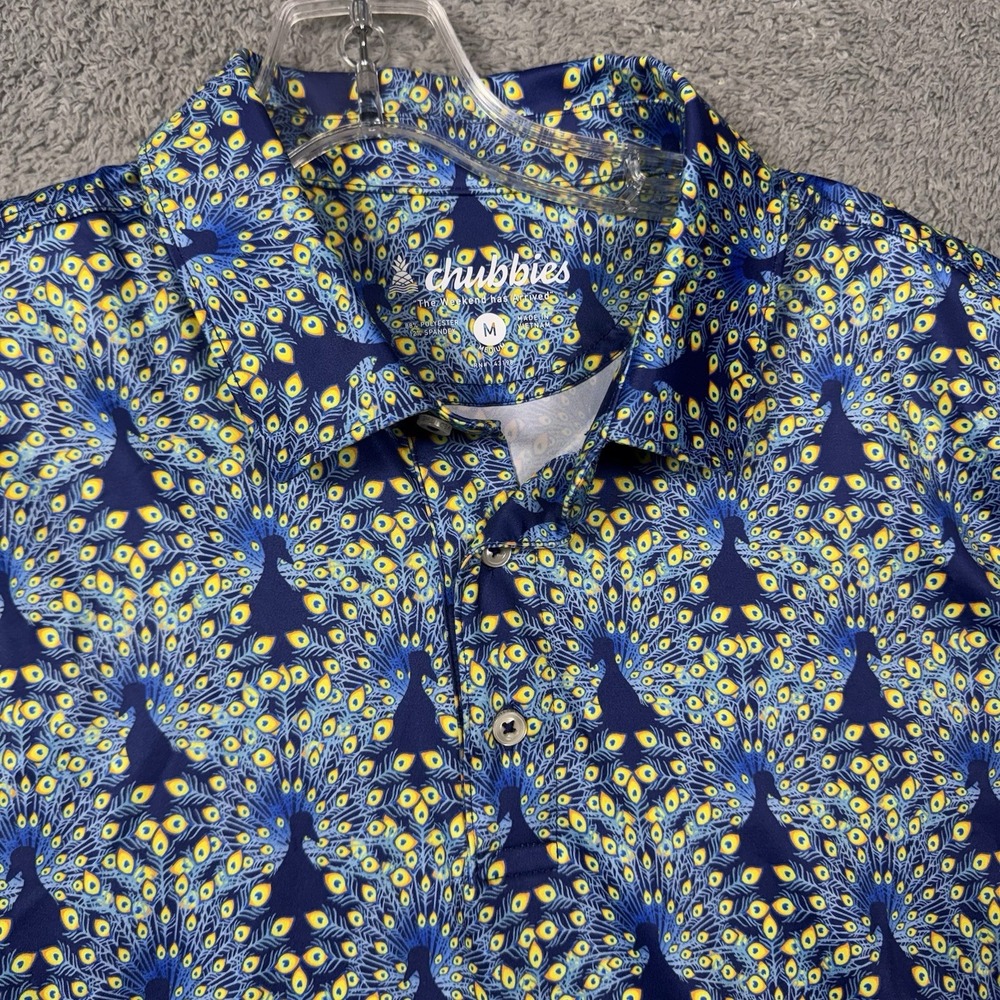 Chubbies Polo Shirt Mens M Peacock Geometric All Over Animal Print Bright Jungle